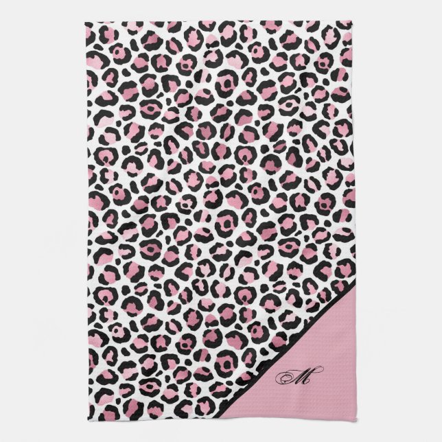 Linge De Cuisine Impression léopard en rose blanc & noir avec monog (Vertical)