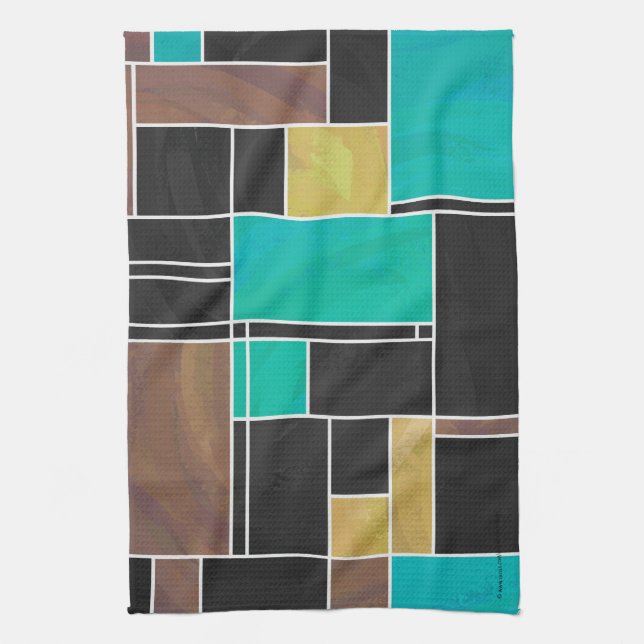 Linge De Cuisine Impression noire Brown Turquoise Mondrian (Vertical)