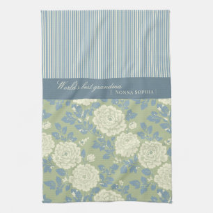 Linge De Cuisine Imprimé floral bloc bleu vert avec rayures bleues