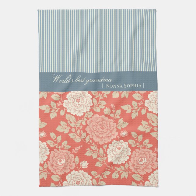Linge De Cuisine Imprimé floral rouge à rayures bleues (Vertical)