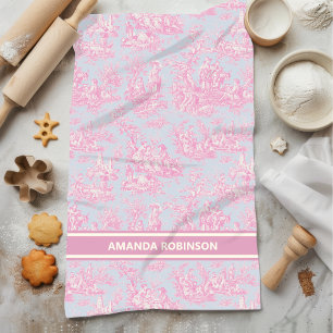 Linge De Cuisine imprimé vintage bleu rose de jouy