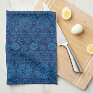 Linge De Cuisine Indigo Blue Floral Faux Lace Motif