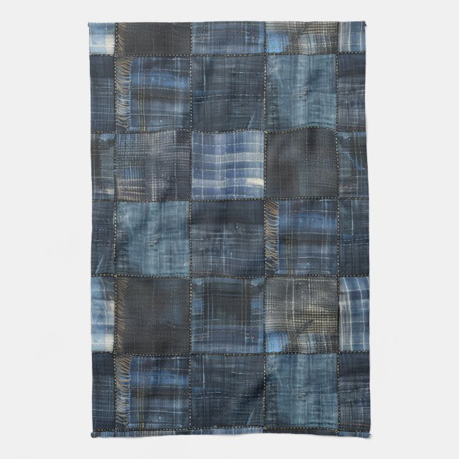 Linge De Cuisine Indigo Denim Patchwork Motif sans couture (Vertical)