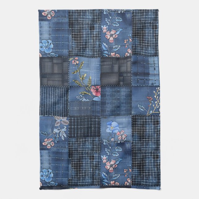 Linge De Cuisine Indigo Floral Patchwork Motif | Boho Denim (Vertical)