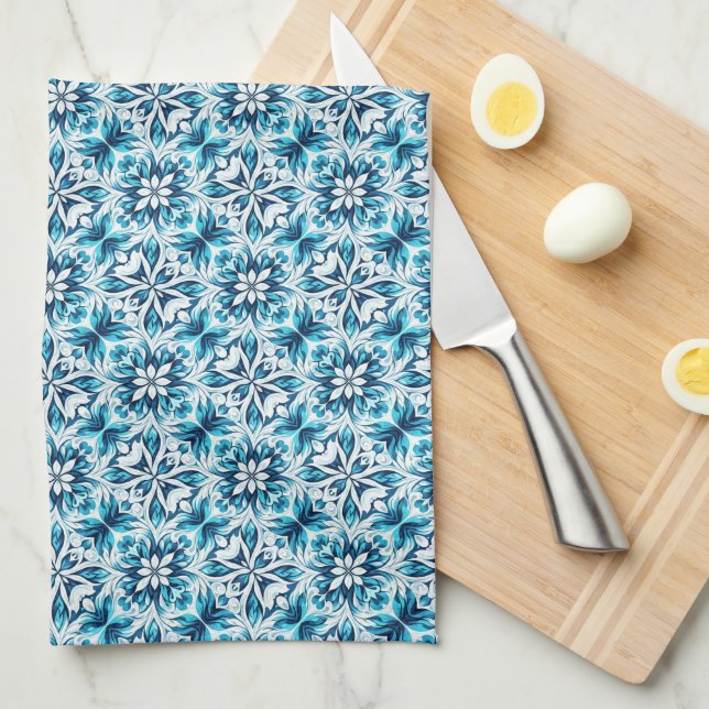 Linge De Cuisine Indigo, Turquoise, Sky Blue & White Damask Floral  (Quart Plié)