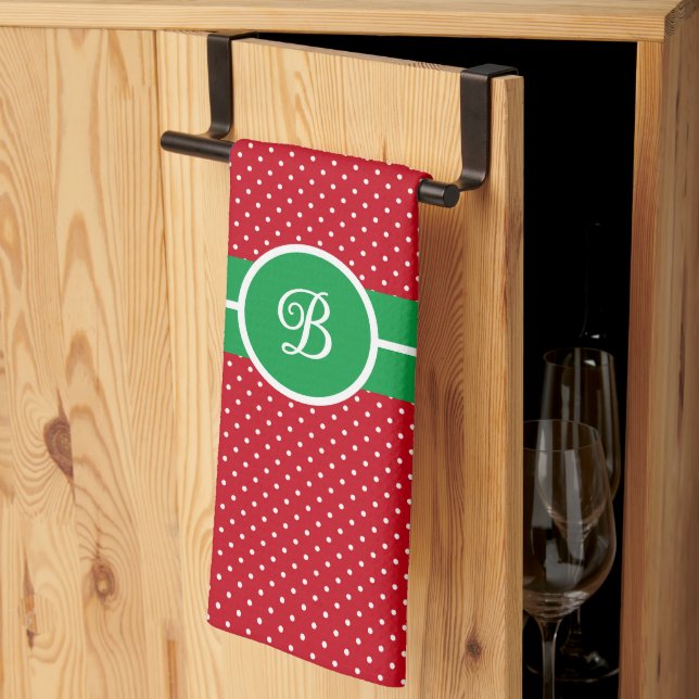 Linge De Cuisine Initial, Green Red White Swiss Dot Kitchen Towel (Pliage en tiers)