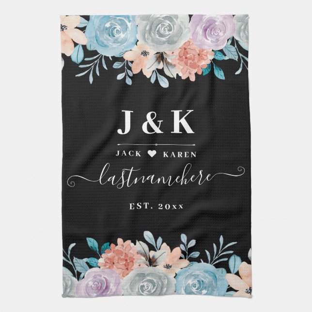 Linge De Cuisine Initiales Florales Monogrammes Nom de famille pers (Vertical)