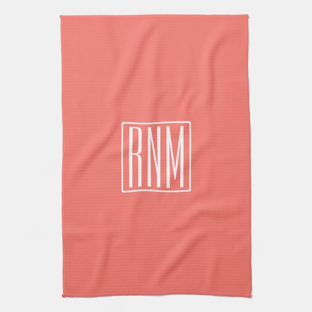 Linge De Cuisine Initiales Monogramme | Blanc Sur Corail (Vertical)