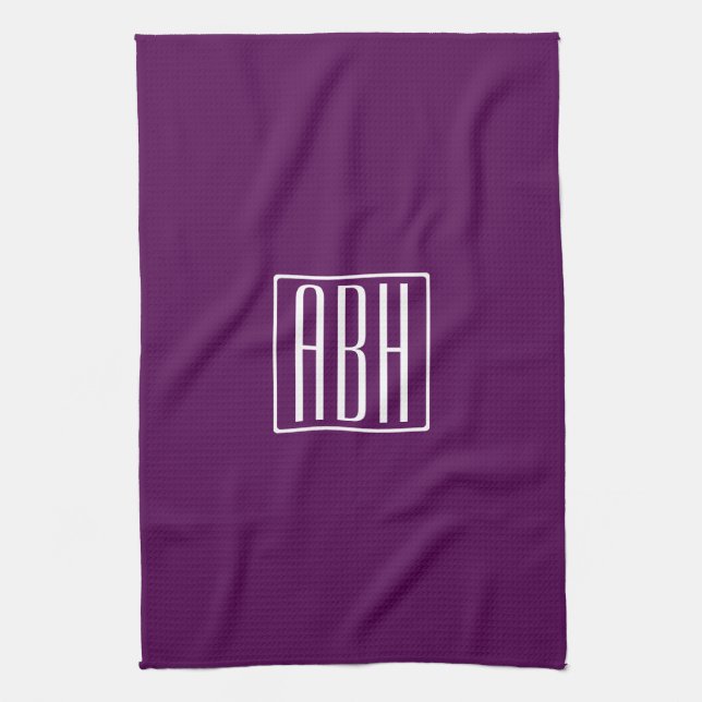Linge De Cuisine Initiales Monogramme | Blanc Sur Violet Foncé (Vertical)
