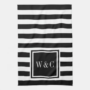 Linge De Cuisine Initiales Monogramme Rayure Noir Blanc Personnalis