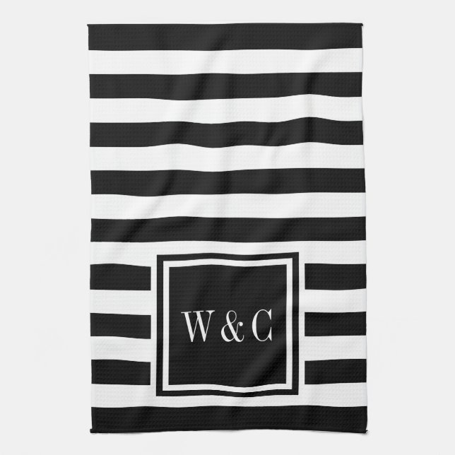 Linge De Cuisine Initiales Monogramme Rayure Noir Blanc Personnalis (Vertical)