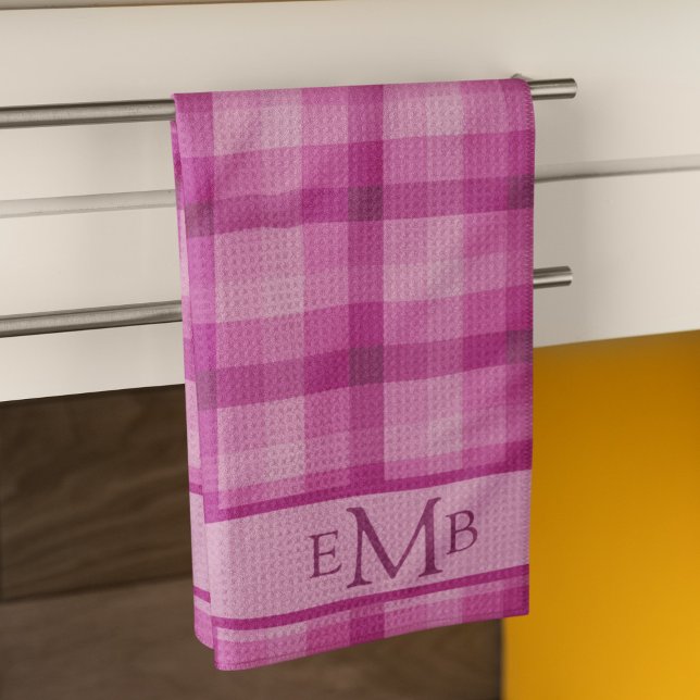 Linge De Cuisine Initiales Monogrammes personnalisées Pink Plaid (Créateur téléchargé)