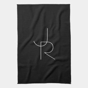 Linge De Cuisine Initiales superposées Modern 2 Blanc sur Noir