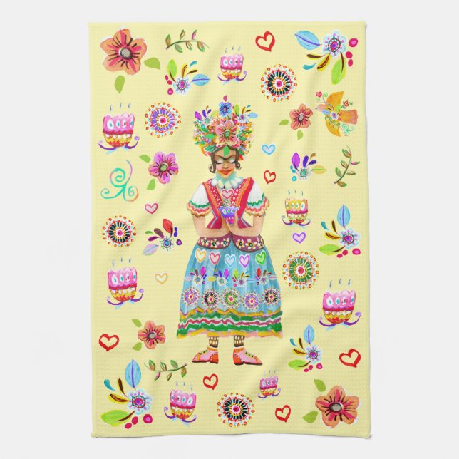 Linge De Cuisine Inspiration d'art populaire de fleurs de Frida Kah (Vertical)