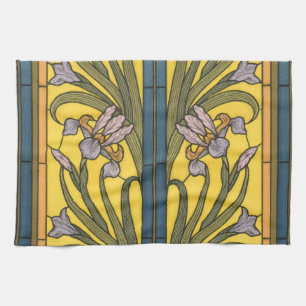 Linge De Cuisine Iris Fleur Art Nouveau Vitrail Bleu Or