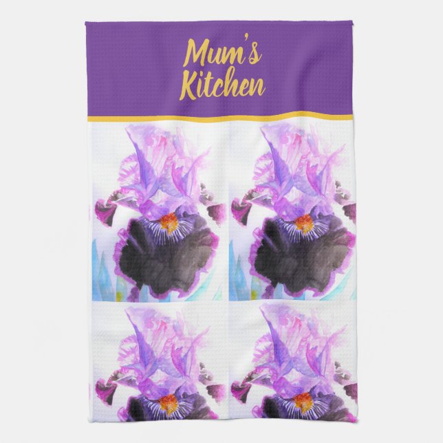 Linge De Cuisine Iris Fleurs Floral Fleur Noir Violet (Vertical)