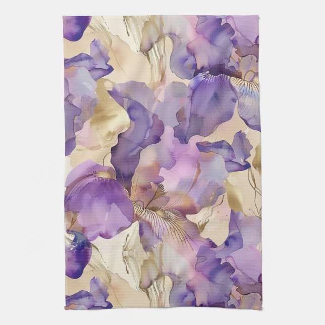 Linge De Cuisine Iris Floral Abstrait Or Blanc Violet (Vertical)
