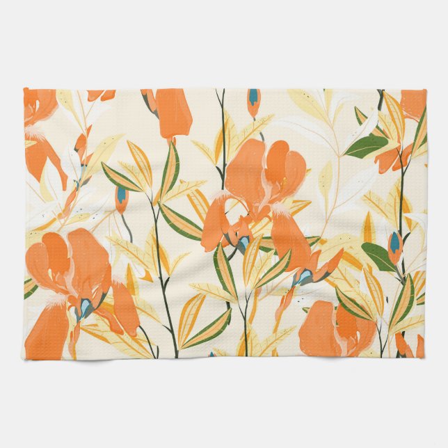 Linge De Cuisine Iris orange : motif floral transparent (Horizontal)