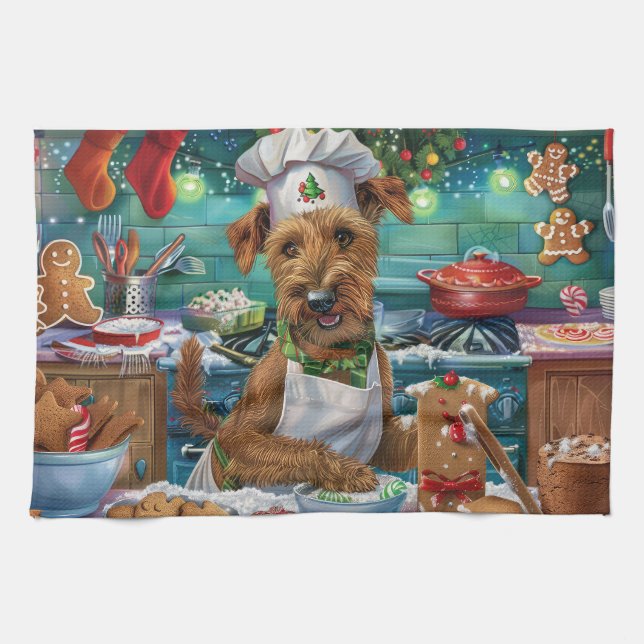 Linge De Cuisine Irish Terrier Gâteau de vacances : Noël festif (Horizontal)