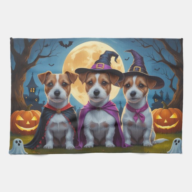 Linge De Cuisine Jack Russell Chiens Citrouille Halloween Drôle (Horizontal)