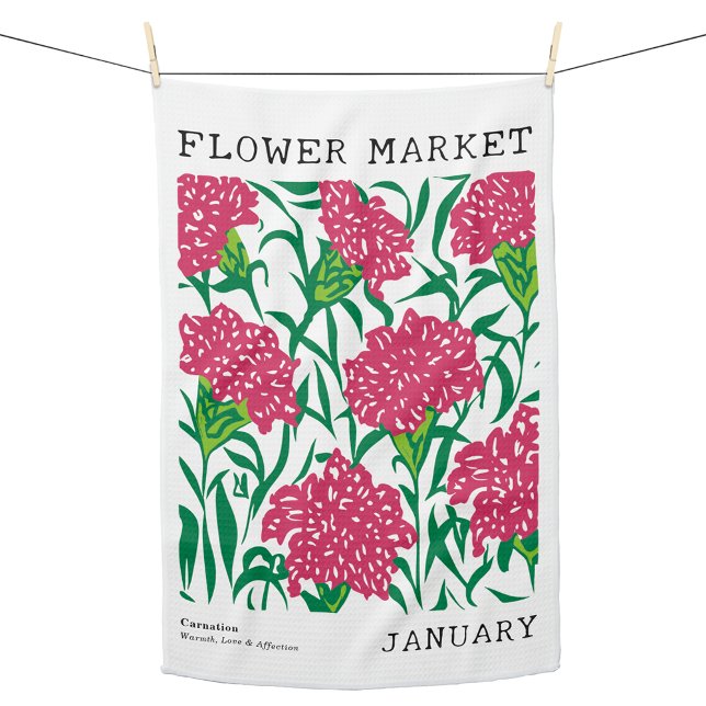 Linge De Cuisine Janvier Marché aux fleurs vert et rose (Personalized January Birth Flower Market Kitchen Towel, Custom Carnation Floral Print Kitchen Towel)