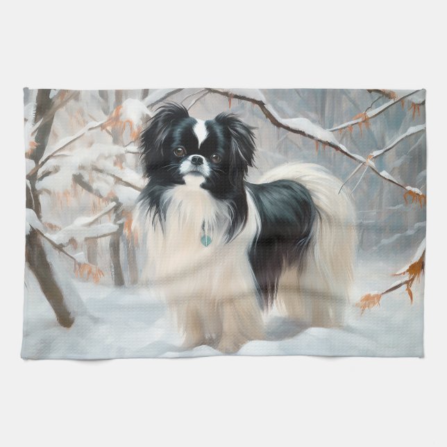 Linge De Cuisine Japanese Chin Noël neige tombe (Horizontal)
