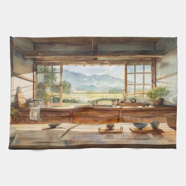 Linge De Cuisine Japanese Countryside Kitchen with Rice Field View  (Horizontal)