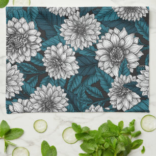 Linge De Cuisine Jardin blanc Dahlia / feuilles bleus