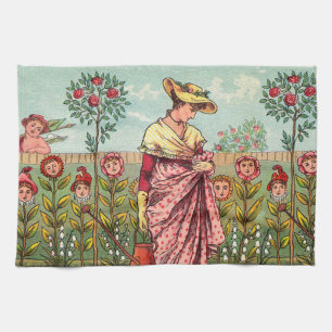 Linge De Cuisine Jardin Cultivation Flower Woman Art Antique