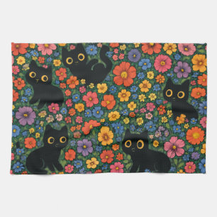Linge De Cuisine Jardin d'art Kawaii Motif floral de chat noir mi