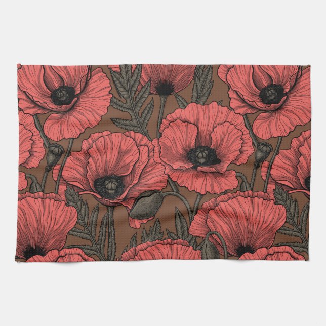 Linge De Cuisine Jardin de coquelicot dans le corail et brun (Horizontal)