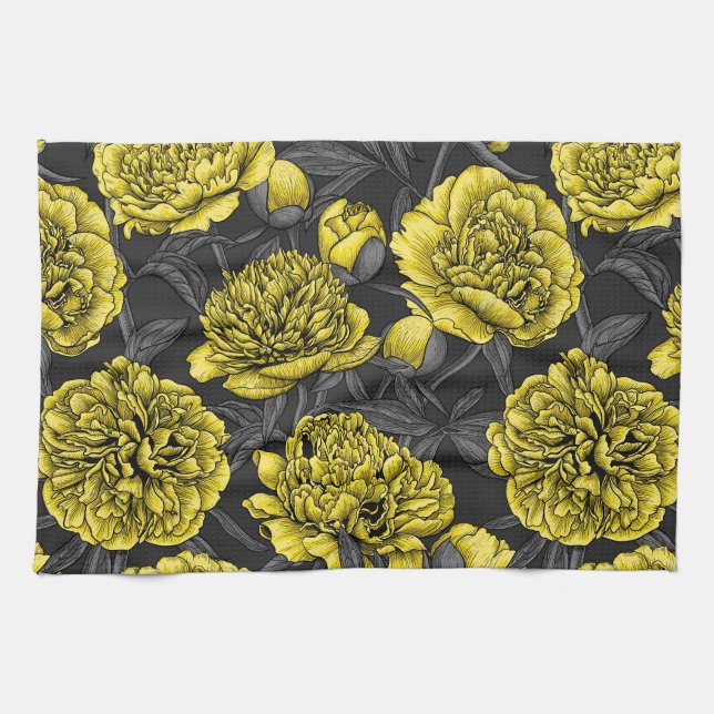 Linge De Cuisine Jardin de pivoine nocturne en jaune et gris (Horizontal)