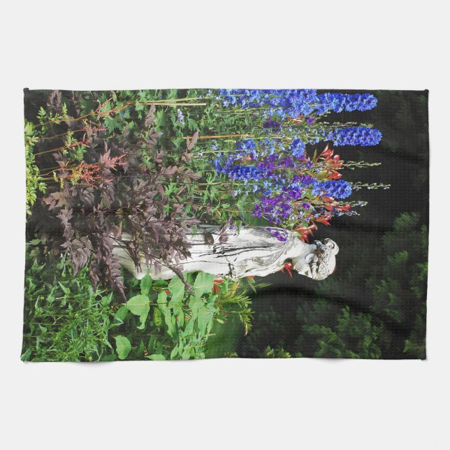 Linge De Cuisine Jardin fleuri de delphinium bleu et statue (Horizontal)