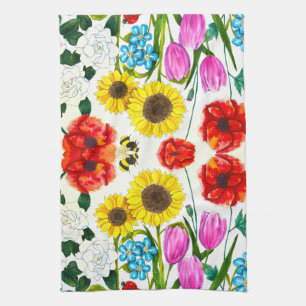 Linge De Cuisine Jardin Floral de Tournesols, Tulipes et Pavots
