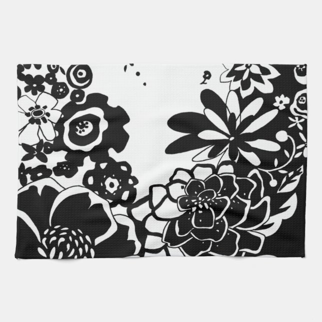 Linge De Cuisine Jardin floral noir et blanc Motif graphique (Horizontal)