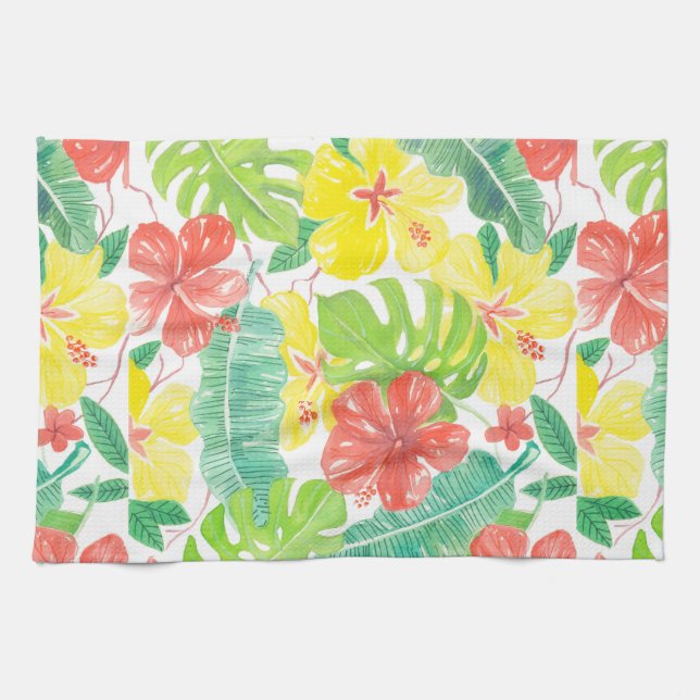 Linge De Cuisine Jardin tropical, plumeria hibiscus et feuilles de  (Horizontal)