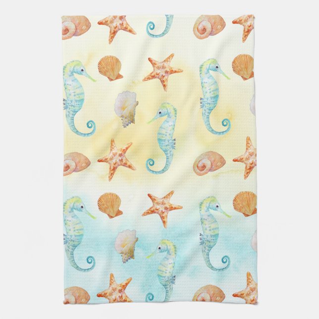 Linge De Cuisine Jaune Aqua Seahorse Starfish Shells Beach (Vertical)