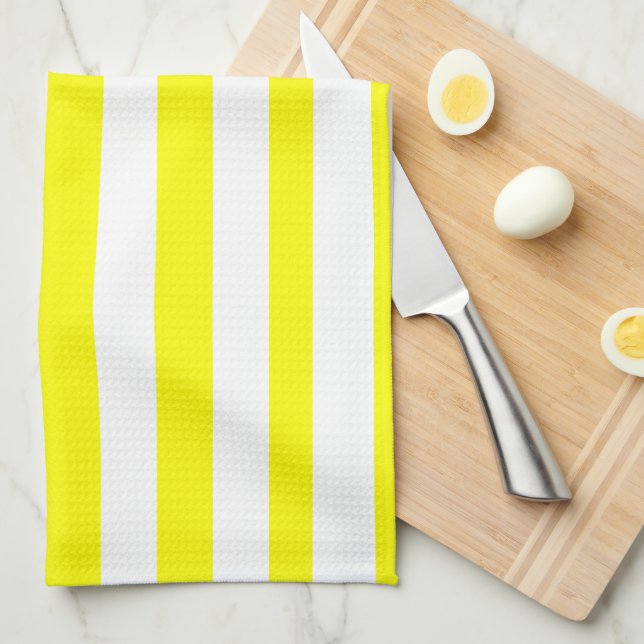 Linge De Cuisine Jaune Ensoleillé et Imprimé Rayé Blanc (Quart Plié)