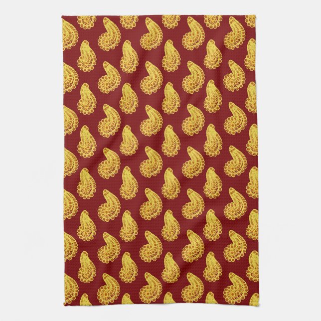 Linge De Cuisine Jaune et rouge de brique Paisley (Vertical)
