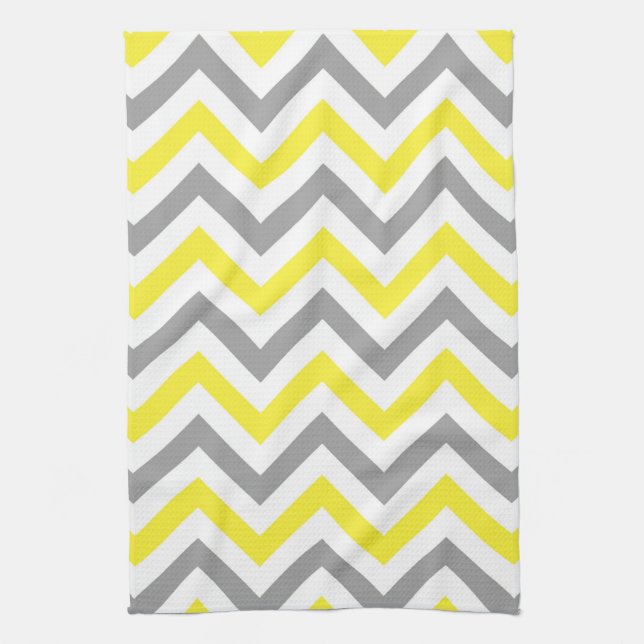 Linge De Cuisine Jaune, gris foncé blanc grand motif chevron zigzag (Vertical)