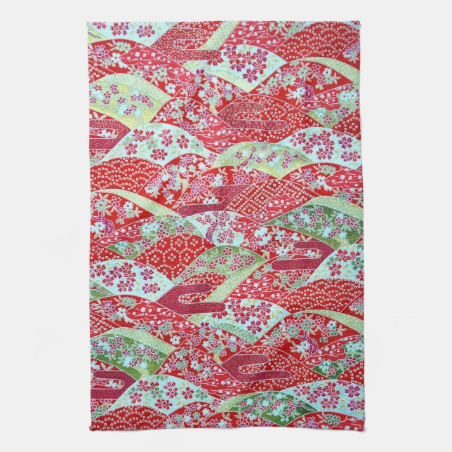 Linge De Cuisine Jaune Washi Rouge Floral Origami Yuzen Towne (Vertical)