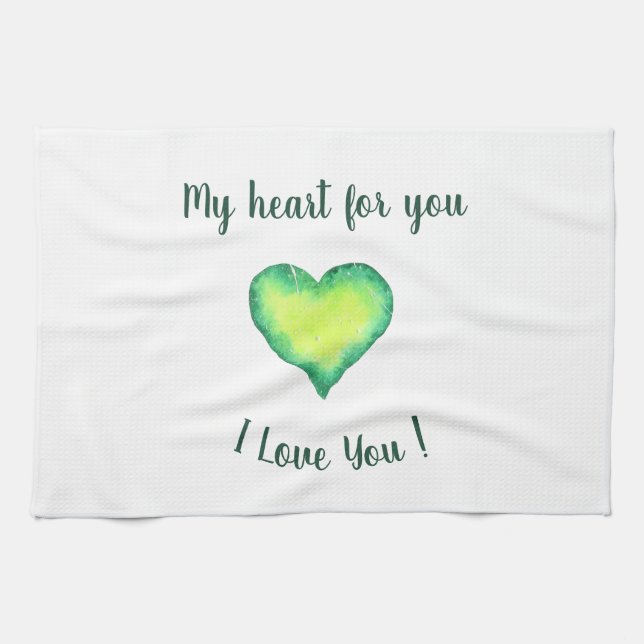 Linge De Cuisine Je t'aime mignon Coeur Vert et Bleu Anniversaire (Horizontal)