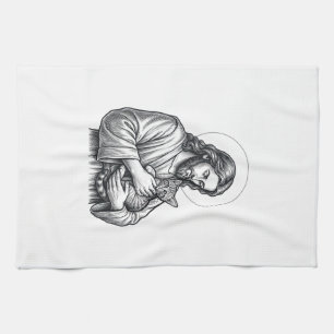 Linge De Cuisine Jésus vintage tenant un chat gravure graphique_1