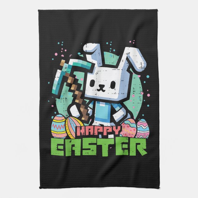 Linge De Cuisine Jeu de pixels de lapin de Pâques heureux  (Vertical)