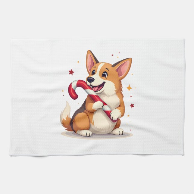 Linge De Cuisine Joie de Corgi Candy Cane (Horizontal)
