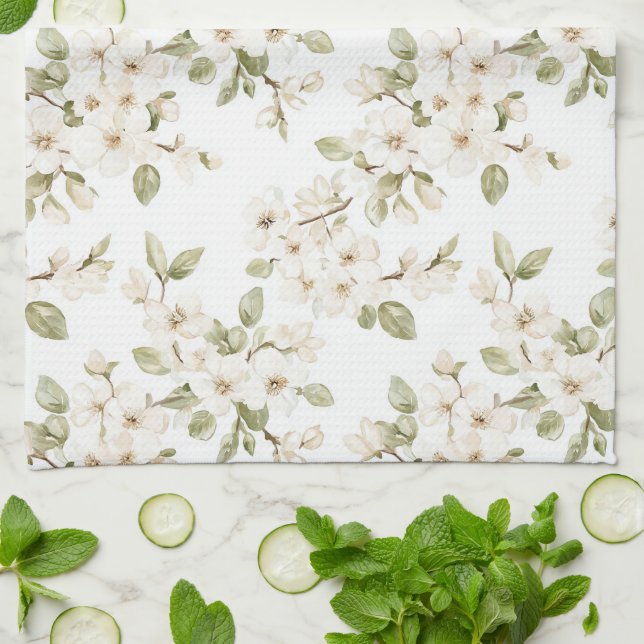 Linge De Cuisine Joli arbre à fleurs crème  (Plié)