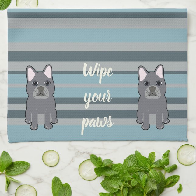 Linge De Cuisine Joli Bouledogue Français rayé bleu (Plié)
