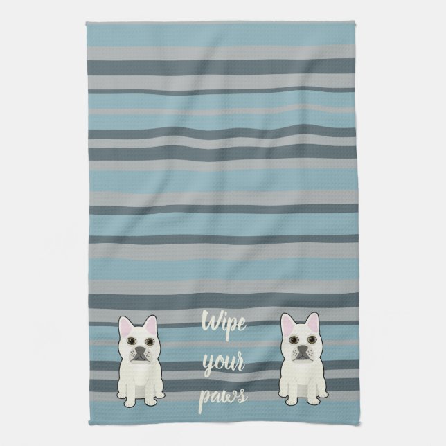 Linge De Cuisine Joli Bouledogue Français rayé bleu (Vertical)