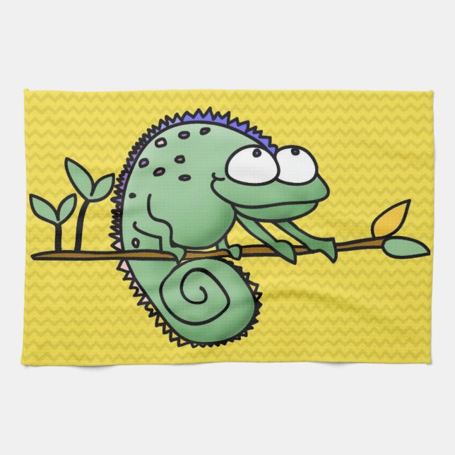Linge De Cuisine Joli Caméléon de Dessin Animé Drôle Lézard Vert (Horizontal)