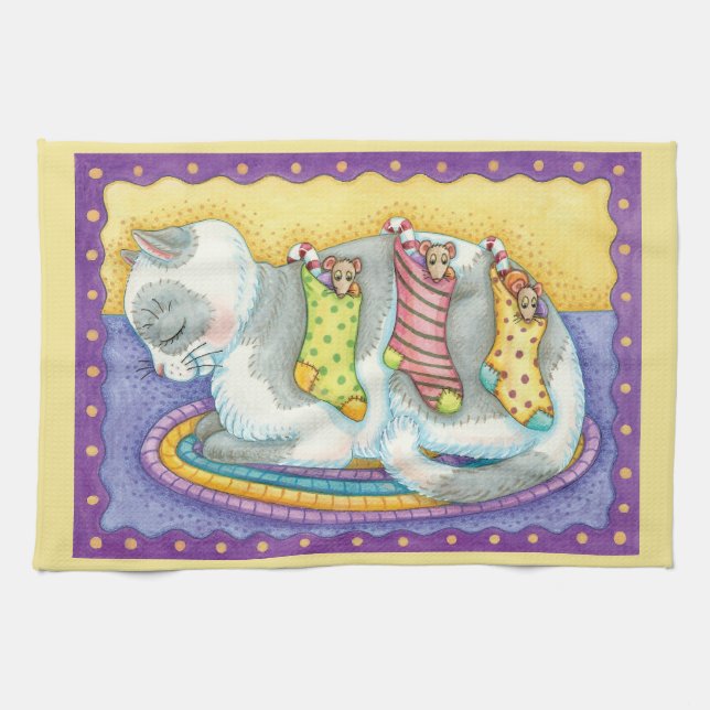 Linge De Cuisine Joli chat de Noël dormant avec des souris dans des (Horizontal)